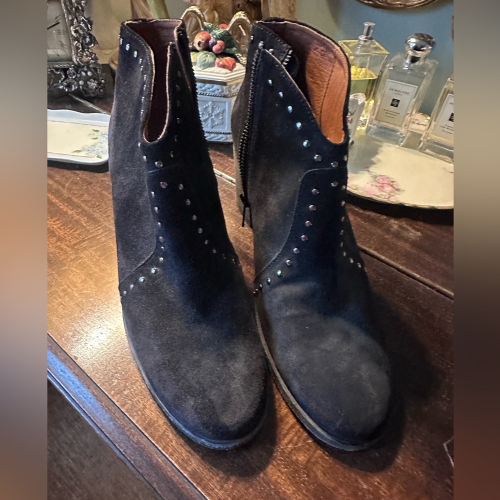 Frye Black Suede Studded Ankle Boots, Size 10B